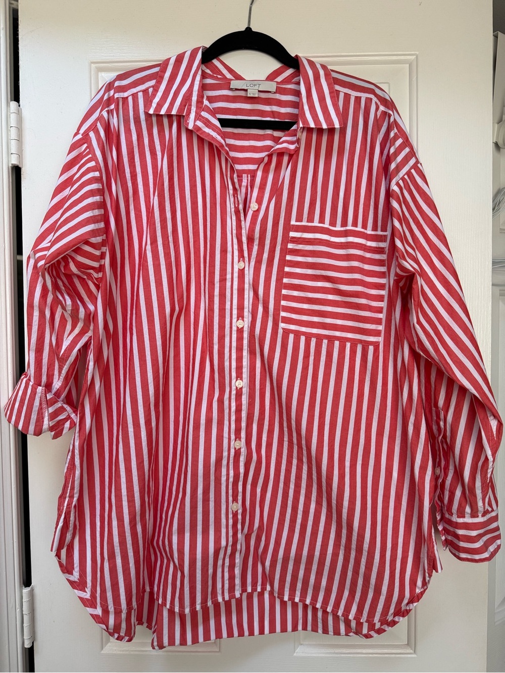 LOFT Red and White Vertical Stripe Button-Down Shirt